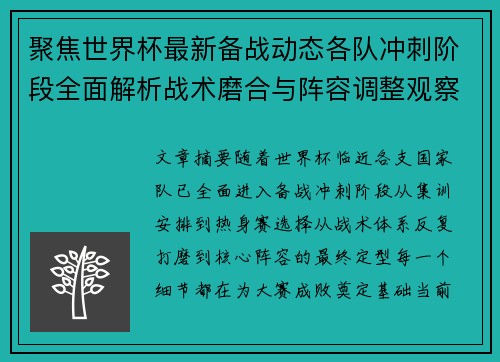 聚焦世界杯最新备战动态各队冲刺阶段全面解析战术磨合与阵容调整观察